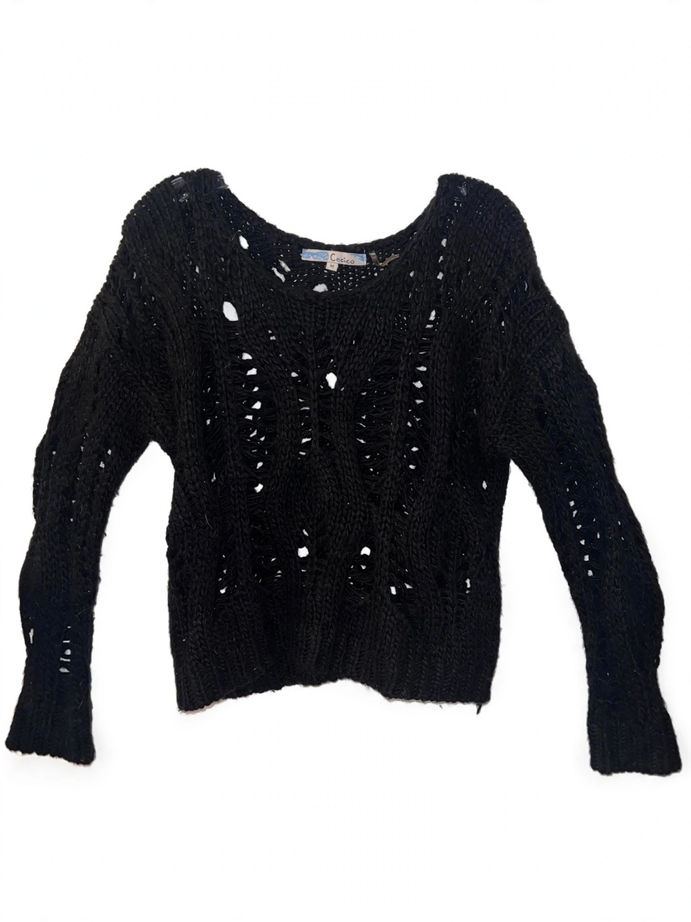 Cecico Anthropologie Blk Distressed Ladder Open Knit Sweater Chunk